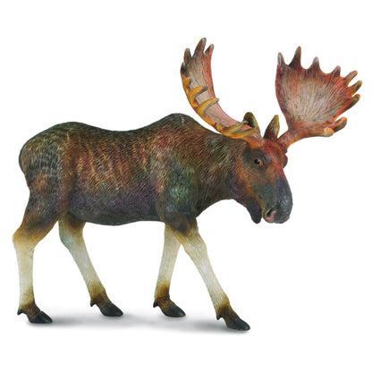 A figurine of a moose with large, reddish-brown antlers walking