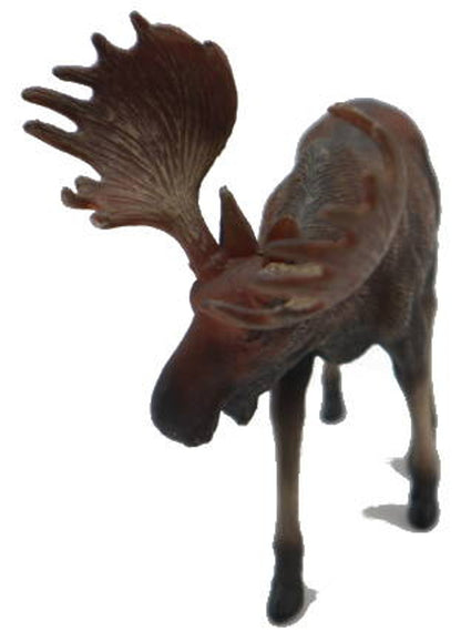 Brown moose figurine with large, palmate antlers, standing on a white background