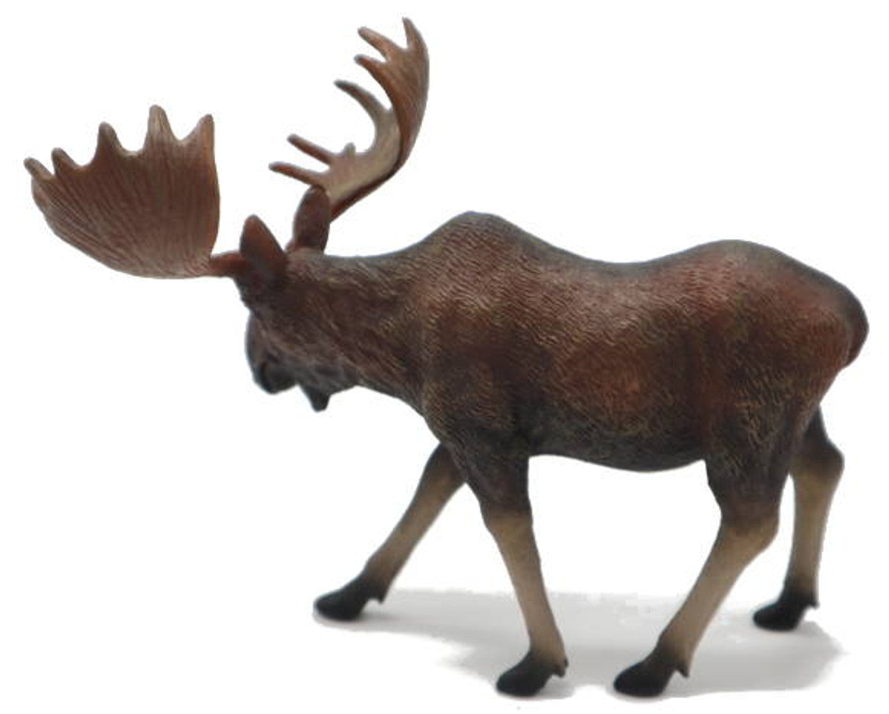 Brown moose figurine with large antlers, mid-stride on a white background