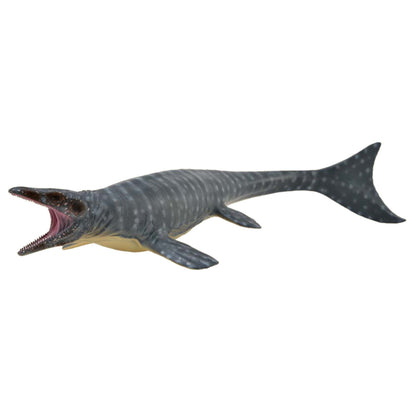 A dark grey Mosasaurus model with spotted skin, jaws wide open, exposing sharp teeth