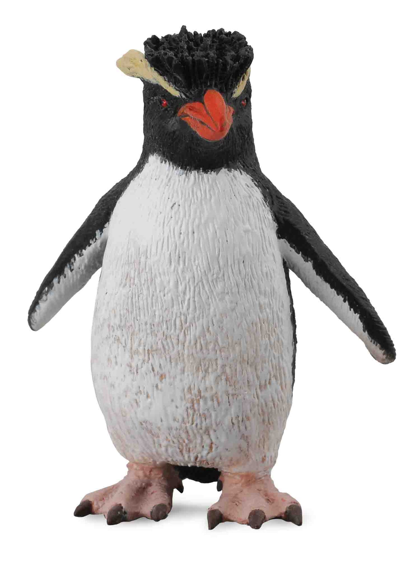Rockhopper penguin figurine standing with black spiky head, yellow crests, orange beak and red eyes