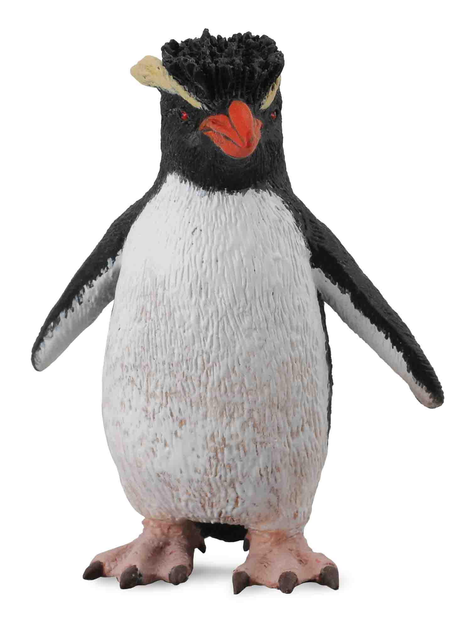 Rockhopper penguin figurine standing with black spiky head, yellow crests, orange beak and red eyes
