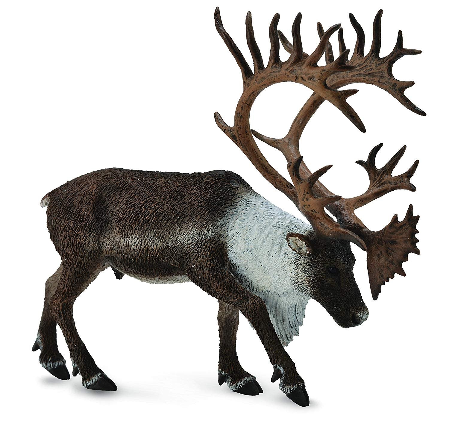 A brown and white reindeer figurine with large, branched antlers stands on a white background