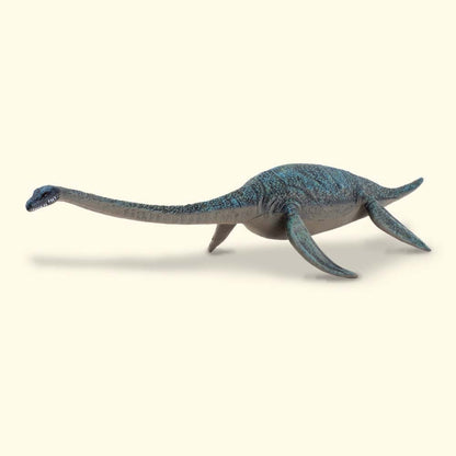 Blue-green plesiosaur toy with a long neck and four flippers, isolated on a light background