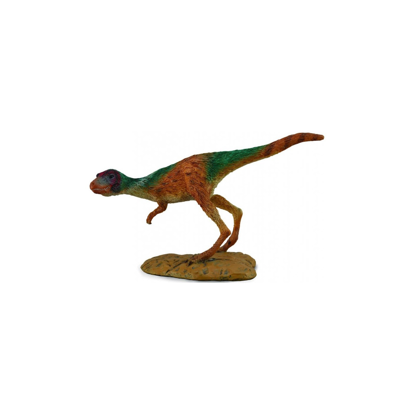 A green and orange dinosaur figurine in a dynamic running pose on a textured brown base