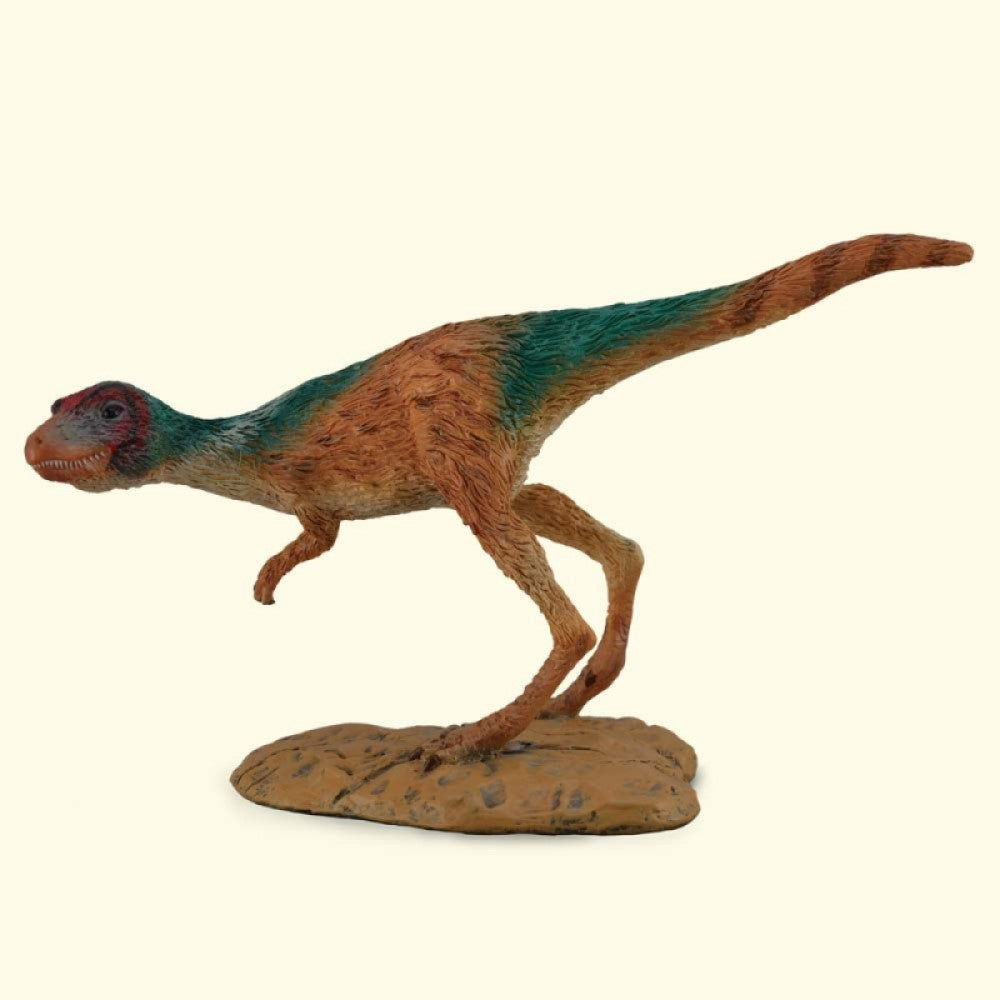 A reddish-brown and green bipedal dinosaur model in a running stance on a textured base