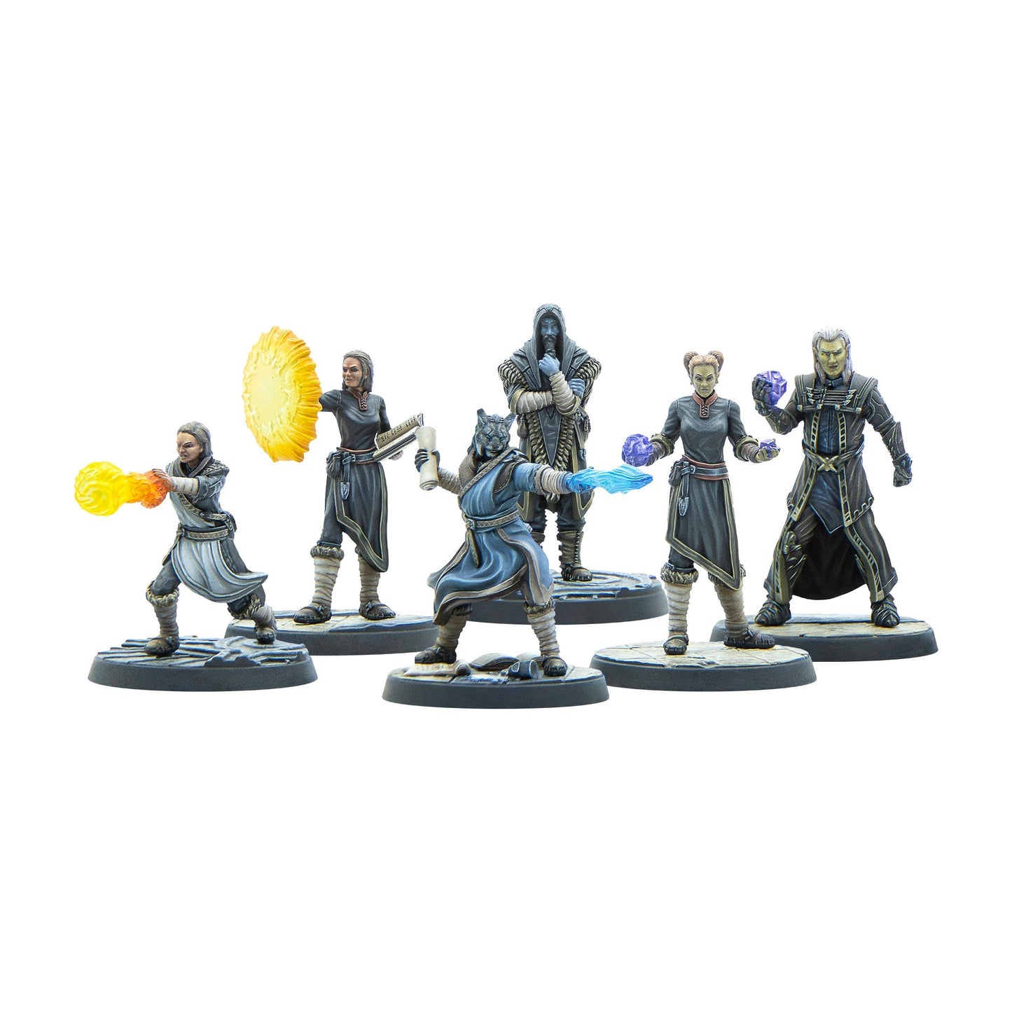 Six painted fantasy miniatures of spellcasters, including a Khajiit, conjuring fire, ice, and arcane magic