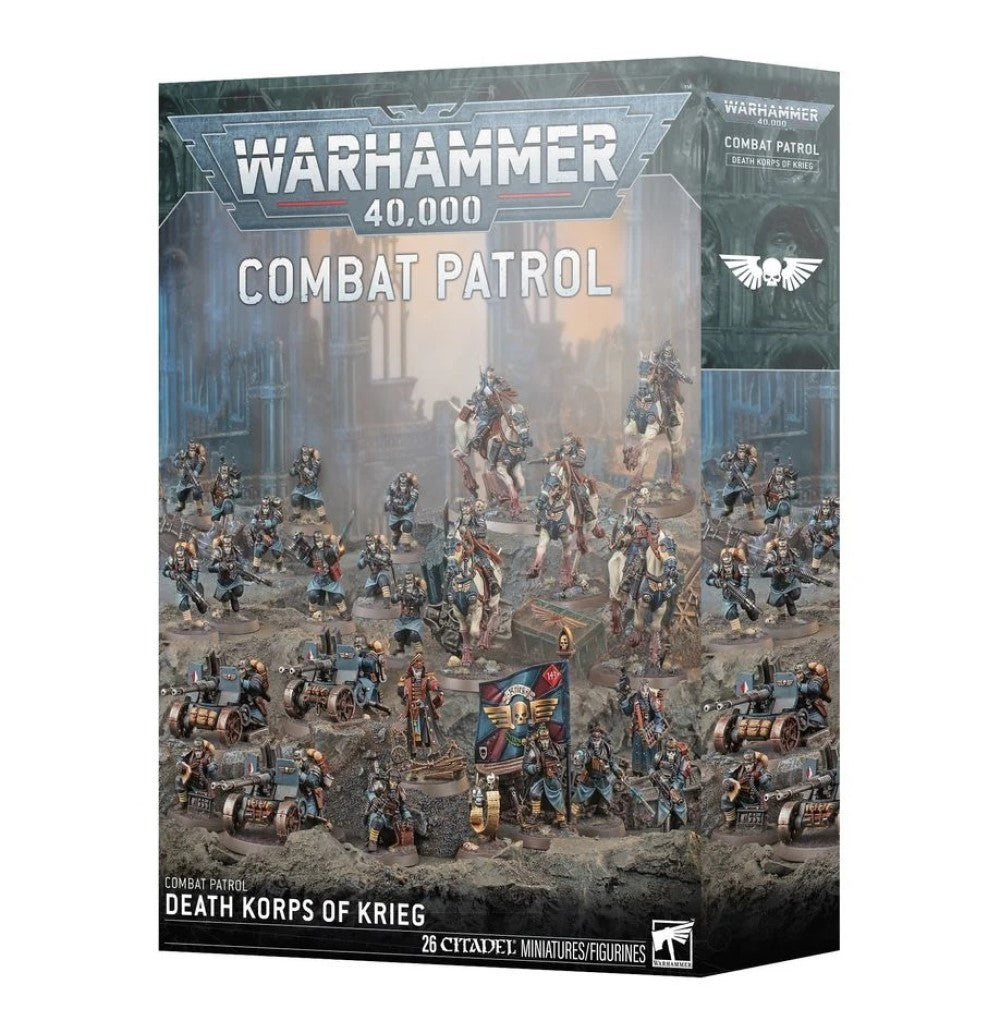 Warhammer 40K Combat Patrol Death Korps of Krieg box, featuring painted infantry, cavalry and weapons miniatures