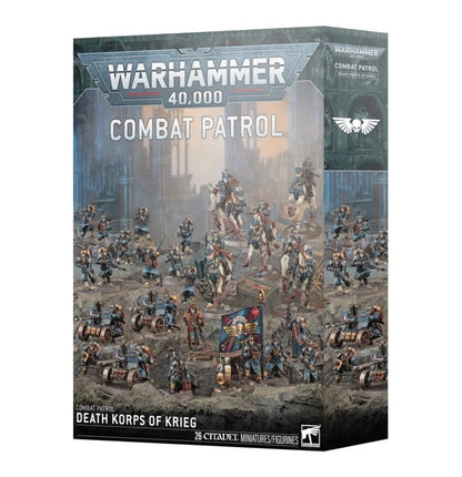 Warhammer 40K Combat Patrol Death Korps of Krieg box, featuring painted infantry, cavalry and weapons miniatures