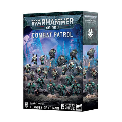 Warhammer 40,000 Combat Patrol: Leagues of Votann box, featuring 19 green and white armored miniatures