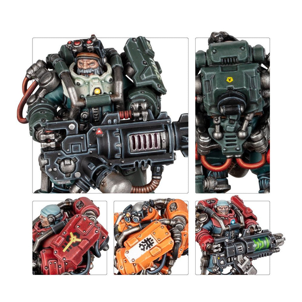Detailed sci-fi miniatures: a bearded, green power-armored soldier holding a large weapon, with red and orange figures
