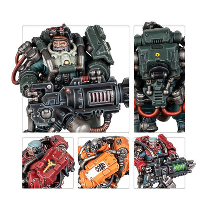 Detailed sci-fi miniatures: a bearded, green power-armored soldier holding a large weapon, with red and orange figures