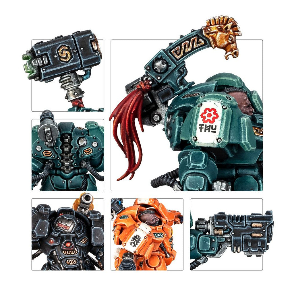 Detailed close-ups of sci-fi warrior miniatures: armored figures in teal, black, and orange, with various weapons like a hammer and energy cannon