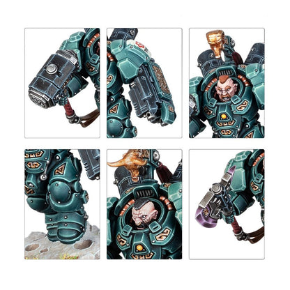 Detailed composite image of a green armored sci-fi warrior miniature with an angry expression, wielding a power weapon