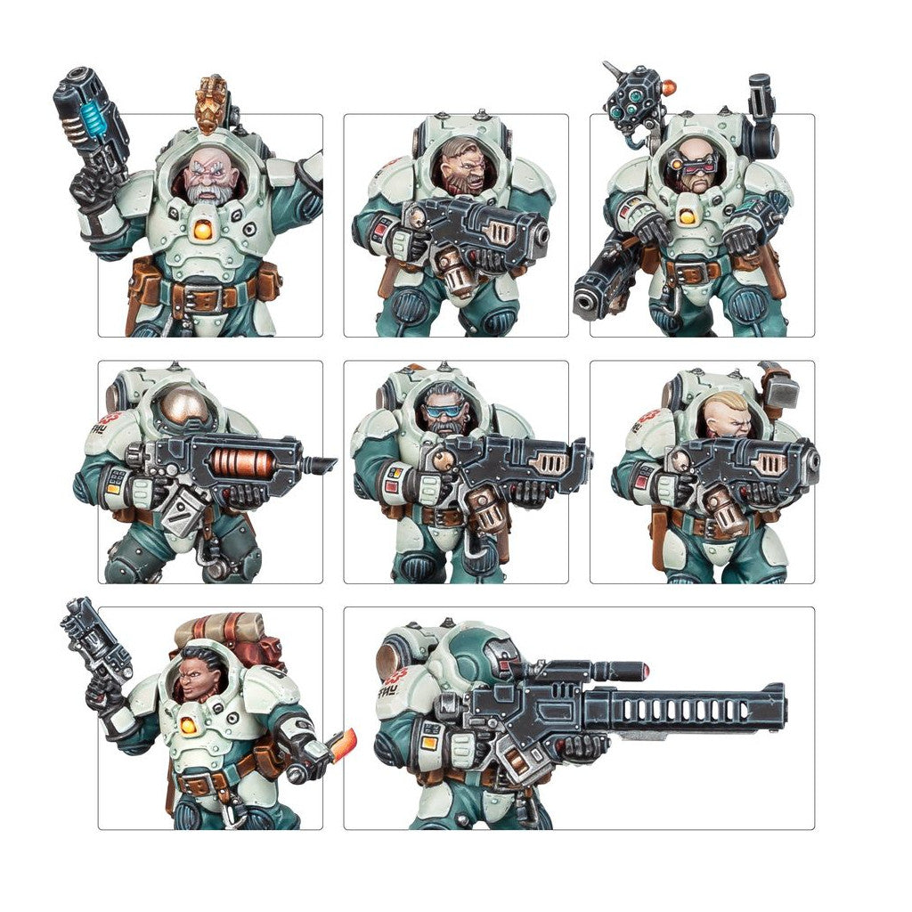 Nine painted sci-fi miniatures of power-armored soldiers, wielding various futuristic weapons