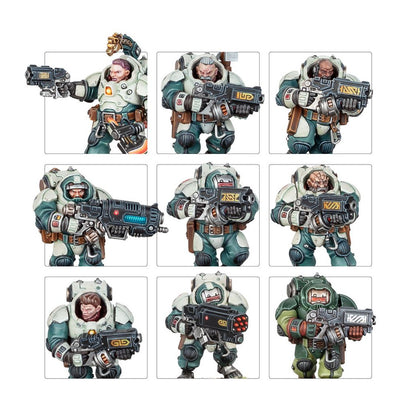Nine painted sci-fi warrior miniatures in white, grey, and teal armor, armed with futuristic guns