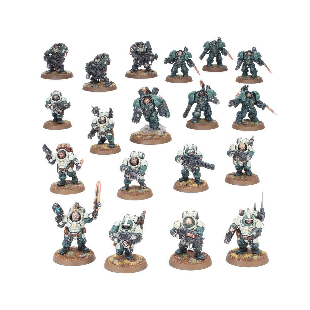 Twenty-plus miniature futuristic soldiers standing in various poses, some in dark green armor, others in cream, holding weapons