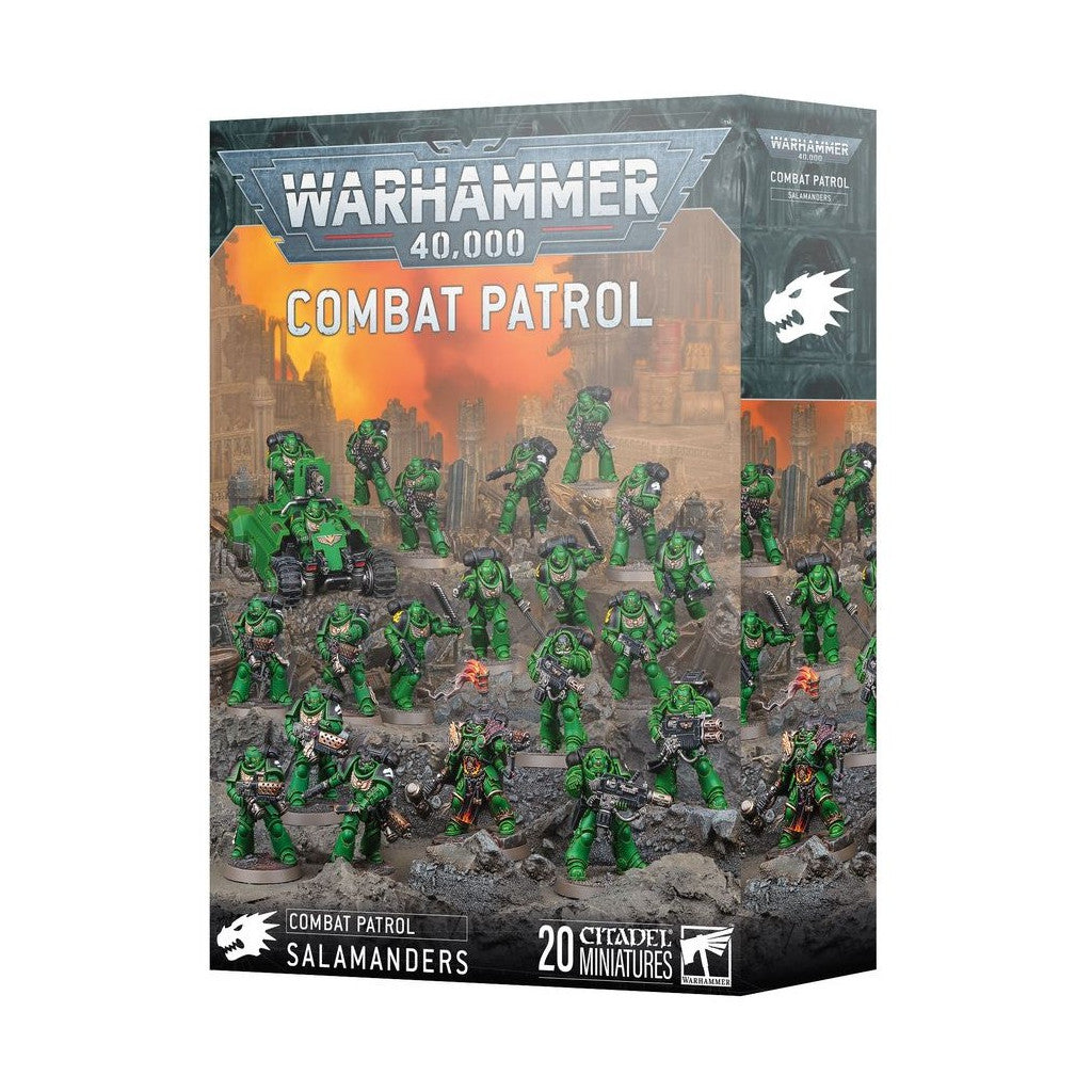 Warhammer 40,000 Combat Patrol Salamanders box featuring 20 green armored Space Marine miniatures and a tank