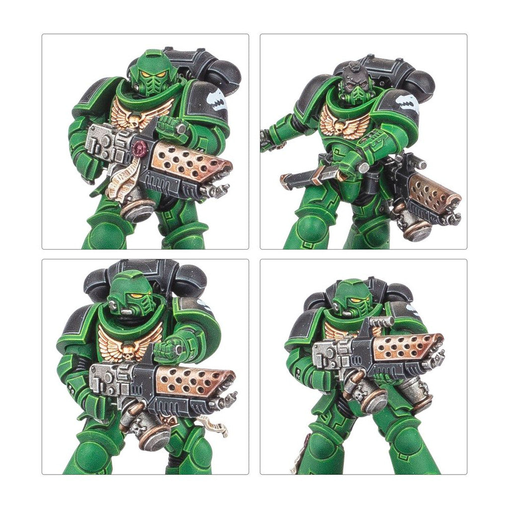 Four views of a green and black armored Space Marine miniature holding a heavy weapon