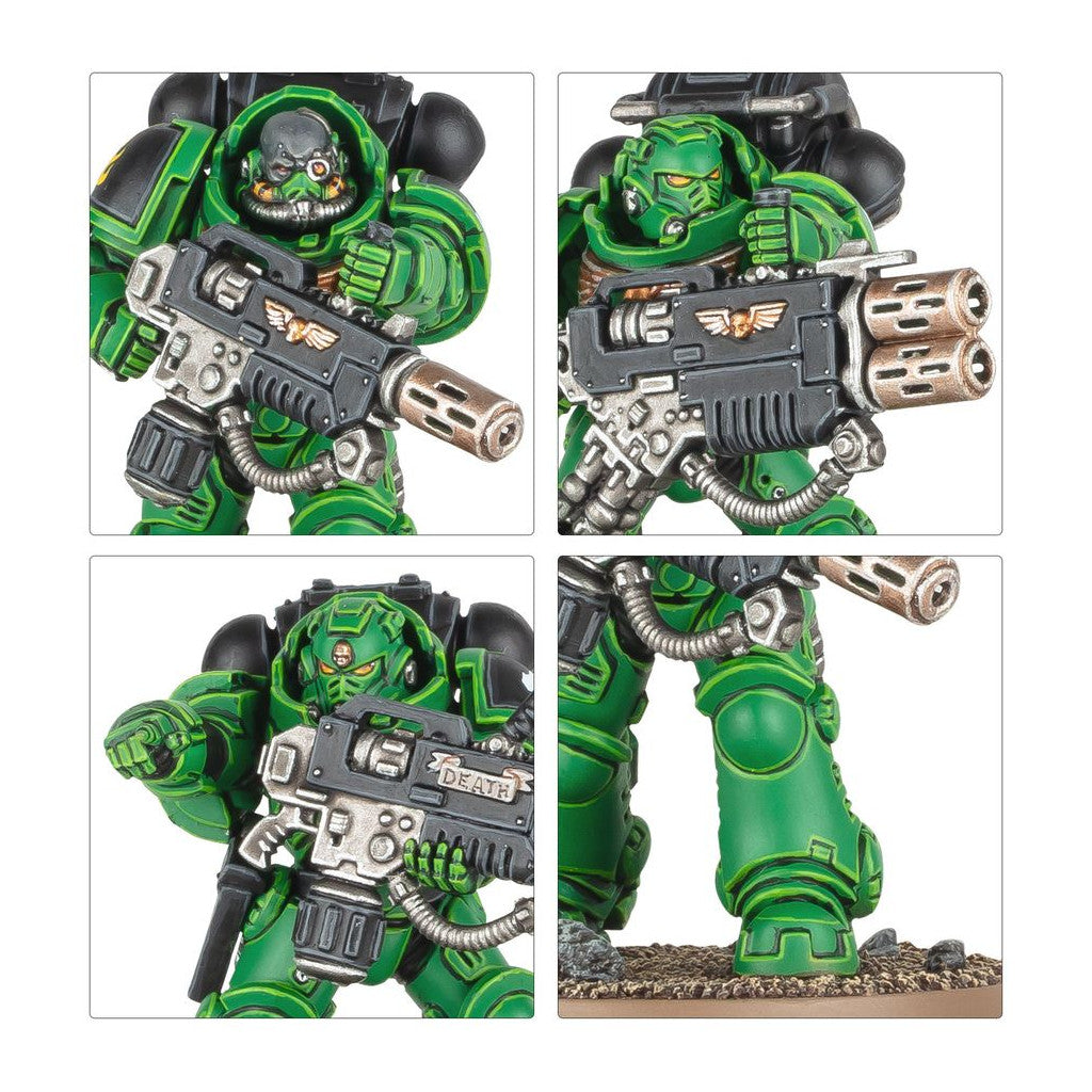 Four close-ups of a detailed green armored Warhammer 40k Space Marine miniature, wielding a heavy weapon