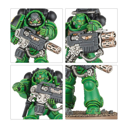 Four close-ups of a detailed green armored Warhammer 40k Space Marine miniature, wielding a heavy weapon