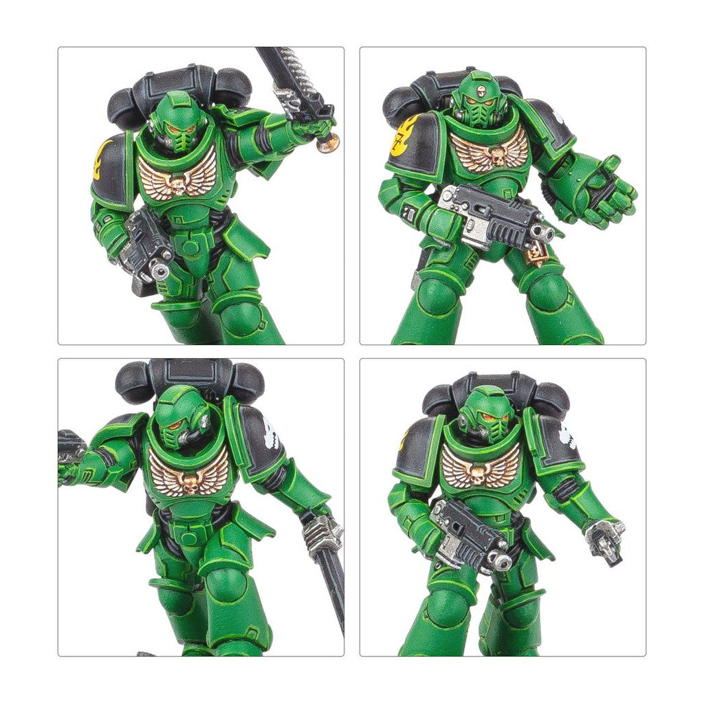 Four views of a green and black armored Warhammer 40K Space Marine miniature with sword and gun