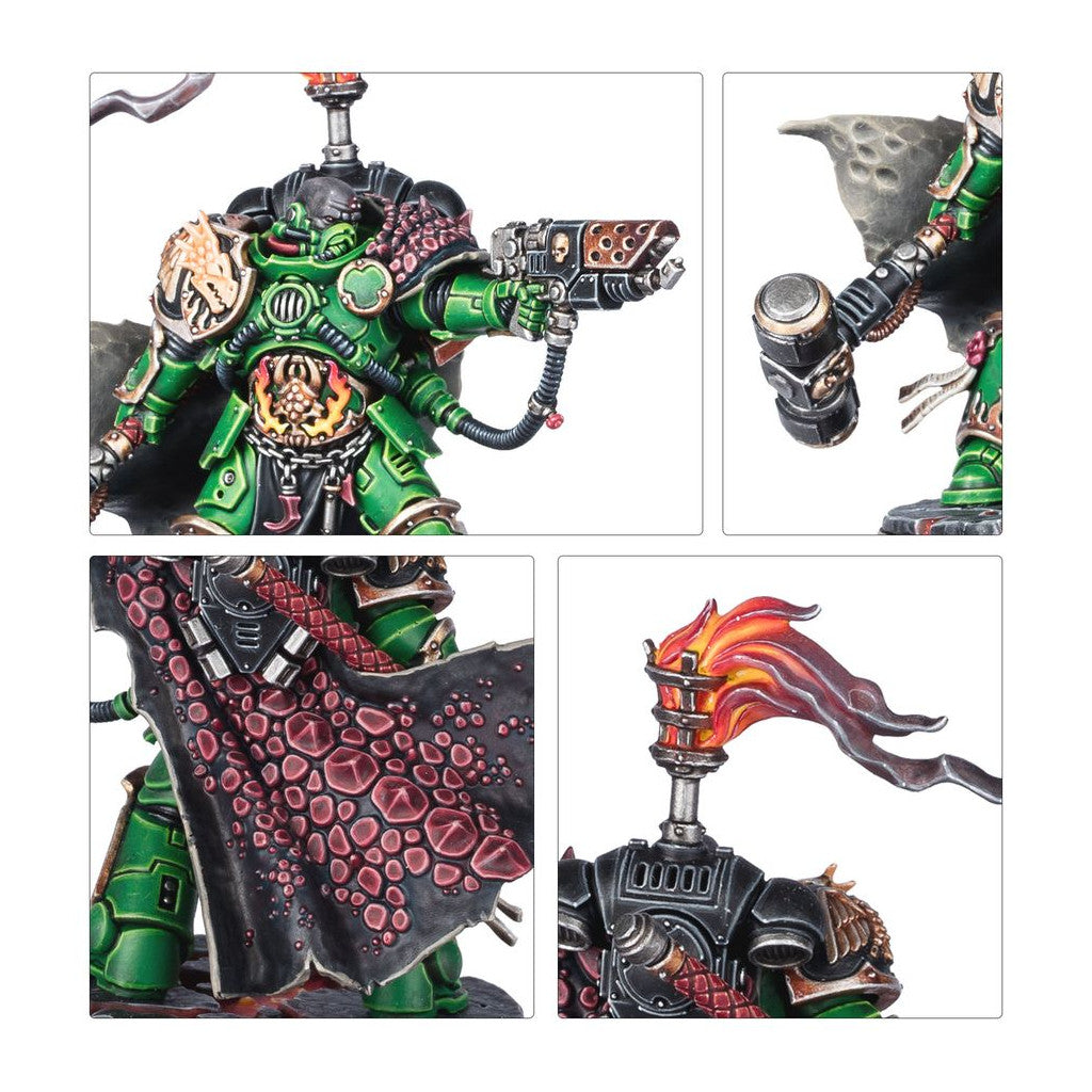 Close-up shots of a green and gold armored miniature warrior with a flamethrower weapon and a fiery standard