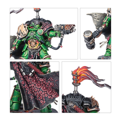 Close-up shots of a green and gold armored miniature warrior with a flamethrower weapon and a fiery standard