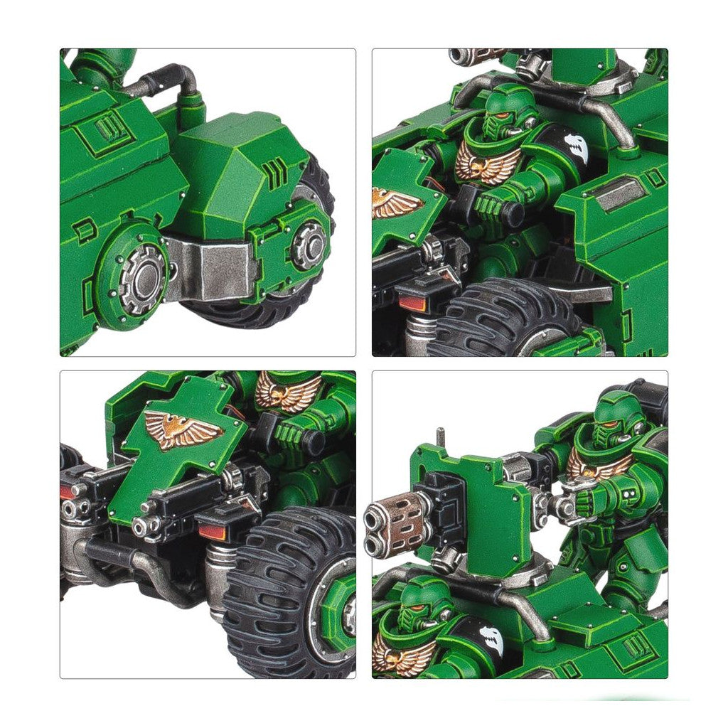 Green Space Marine miniatures on a three-wheeled ATV. One drives, another aims a multi-barrel weapon from the rear. Four detail views