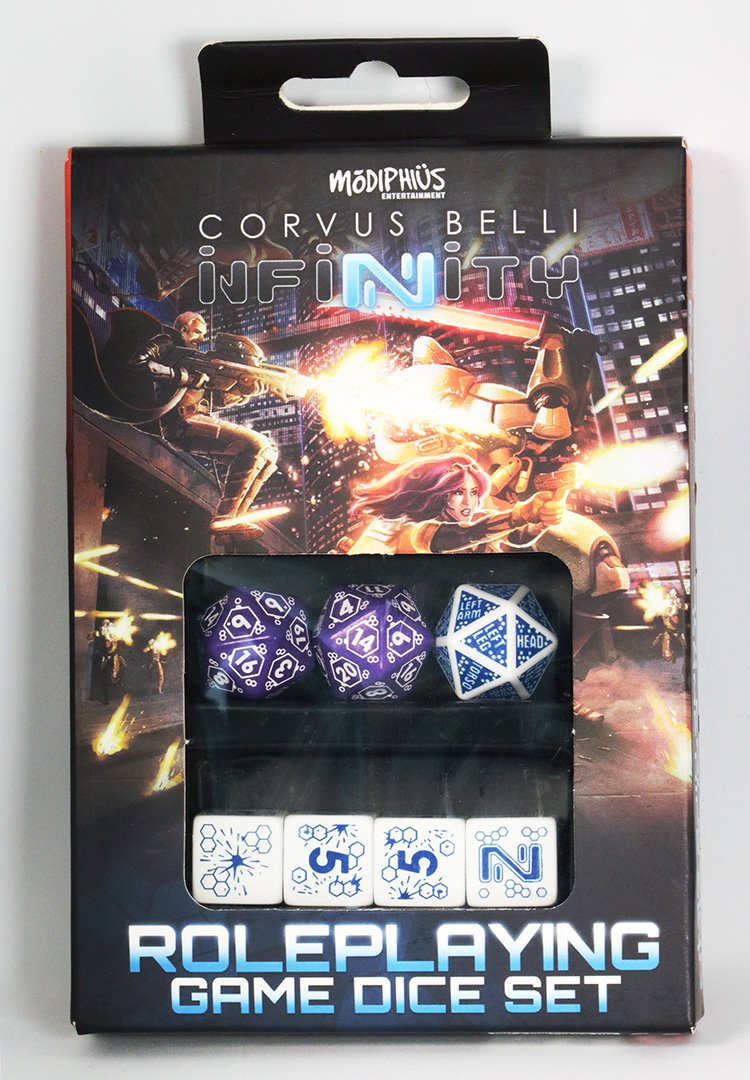 Boxed Infinity RPG dice set with dynamic sci-fi combat art, featuring purple, white, and blue dice.