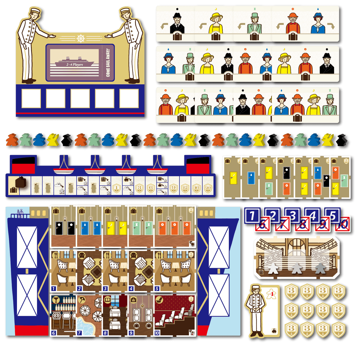 Come Sail Away! board game components laid out, including cards, tokens, and game boards
