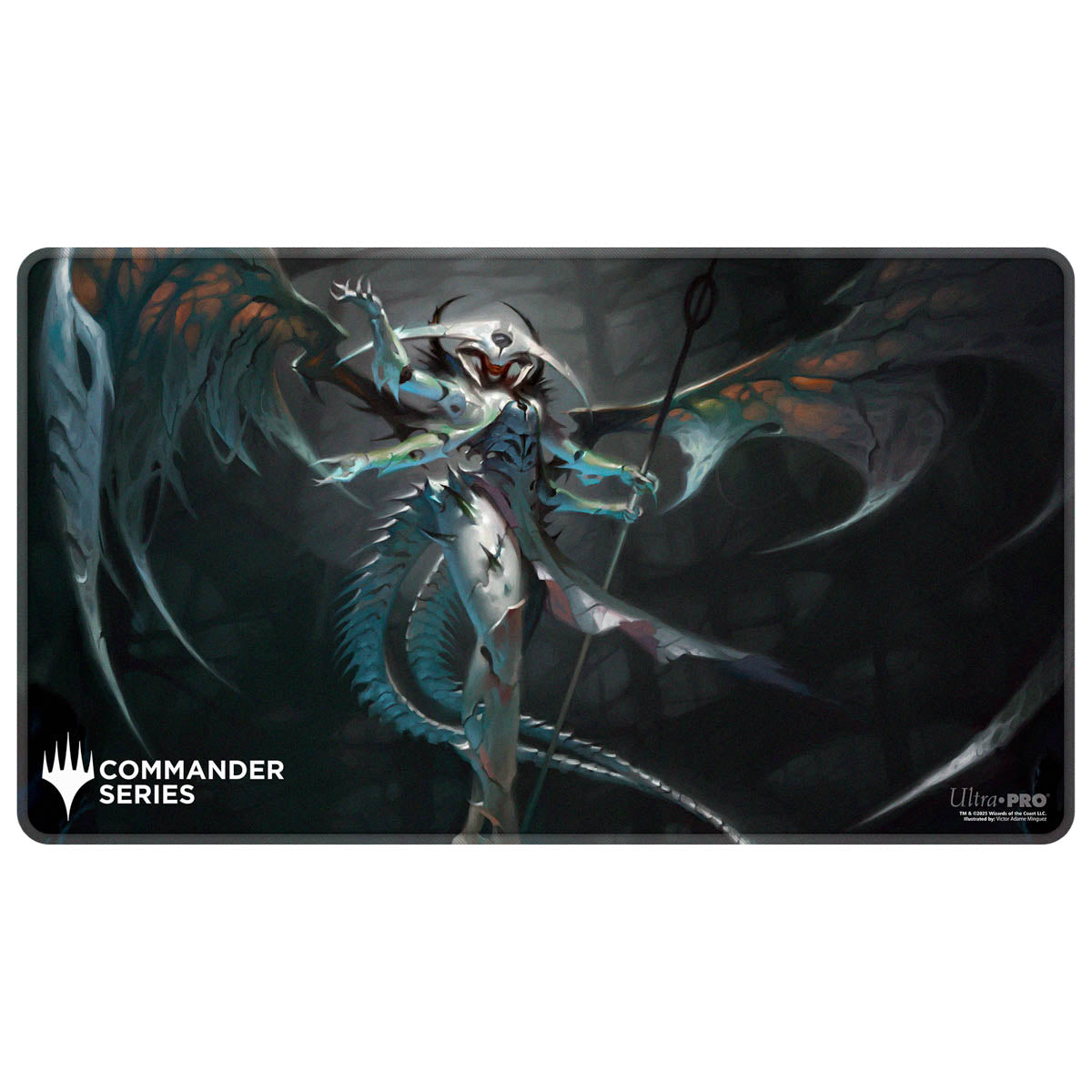 Magic: The Gathering playmat featuring the winged, multi-armed Elesh Norn holding a staff