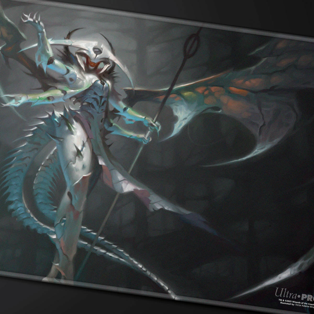Playmat: Elesh Norn, Grand Cenobite: A spiky white and blue humanoid figure with flowing wings and a staff, in a dark setting