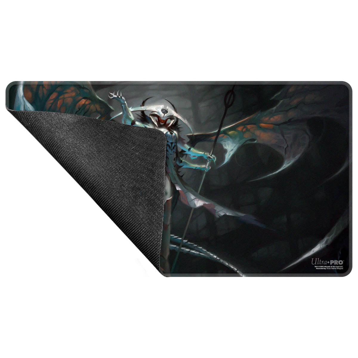 Rectangular playmat with dark art of a masked, winged figure holding a staff. The lower left corner is folded, revealing a black grippy surface