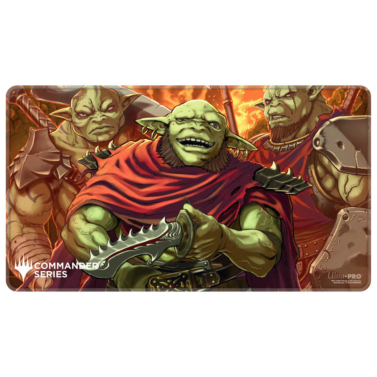 Playmat: Smiling green goblin in a red cloak holds a jagged dagger, flanked by two armored warriors under an orange sky