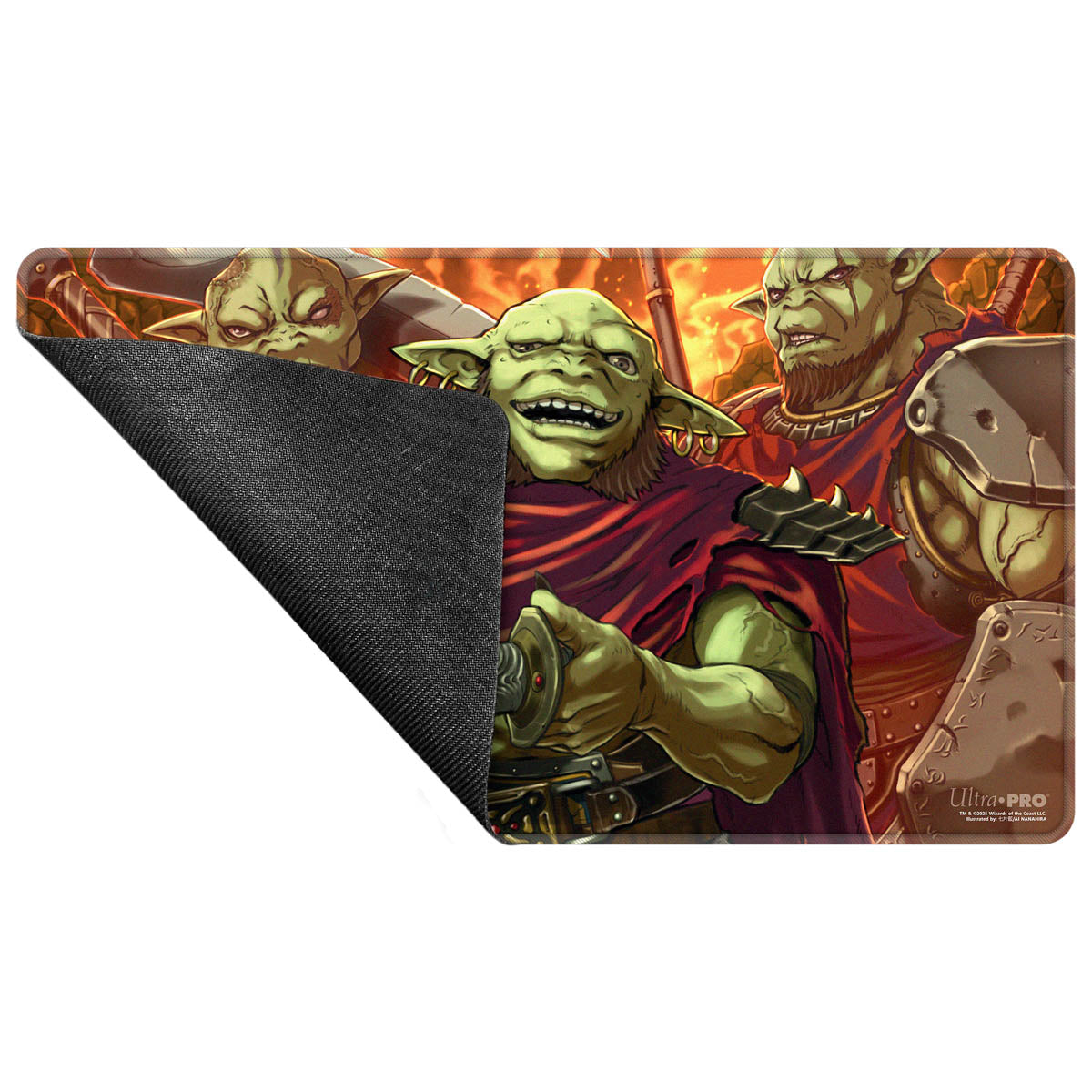 Playmat: Grinning green goblin in red cloak holds sword hilt, flanked by two orcs on fiery background. Mat corner peeled back