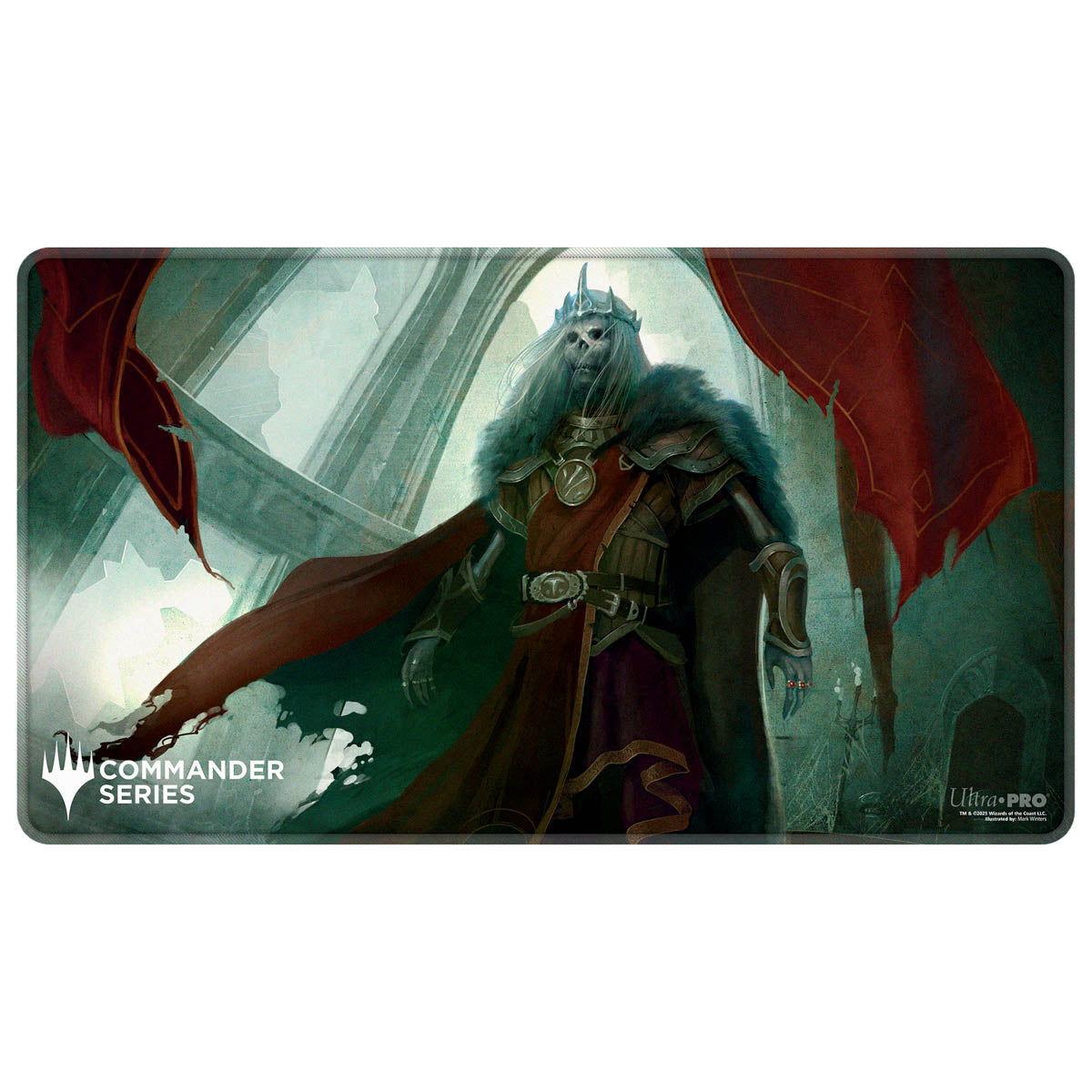 Playmat: A crowned skeletal figure in ornate armor and robes, fur collar, stands in a ruined hall with red banners