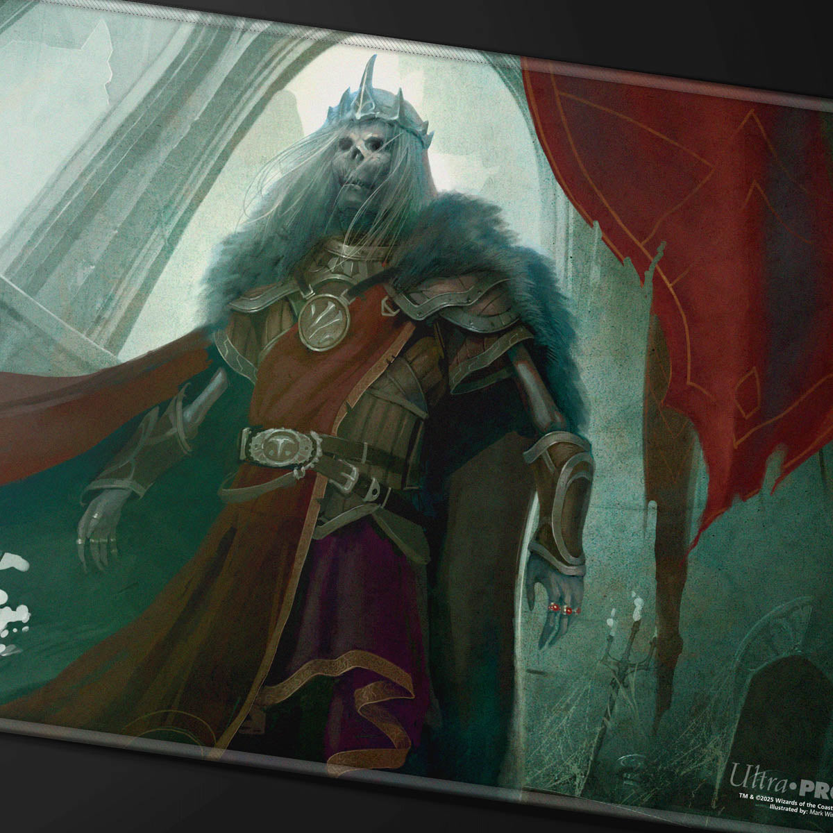 Playmat: Skeletal king in crown, long white hair, ornate armor, and red cape stands in a ruined archway with a tattered red banner