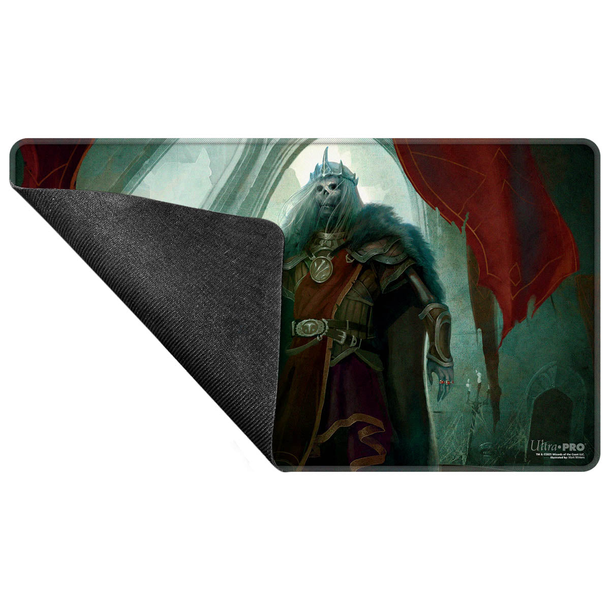 Playmat showing a crowned skeletal king in fur-lined armor and robes, standing under archways with a torn red banner