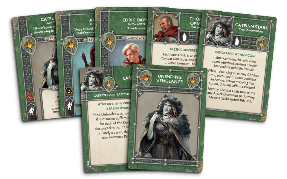 A fan of green-bordered A Song of Ice and Fire board game cards, displaying characters like Catelyn Stark