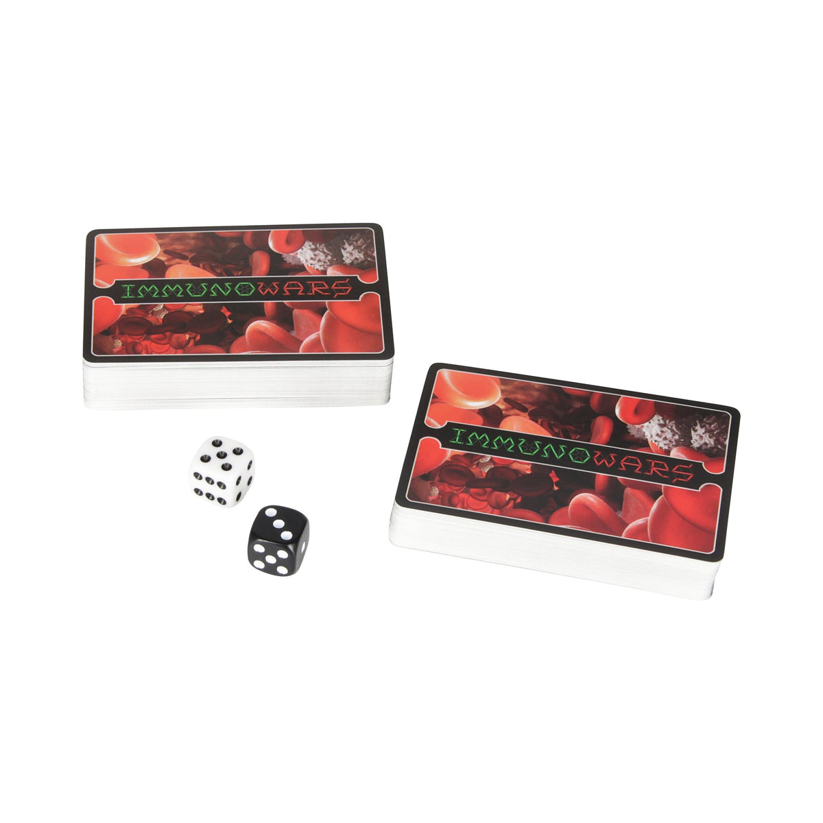 Two stacks of &#39;Immunowars&#39; cards with blood cell art, plus a black and white die, on a white surface