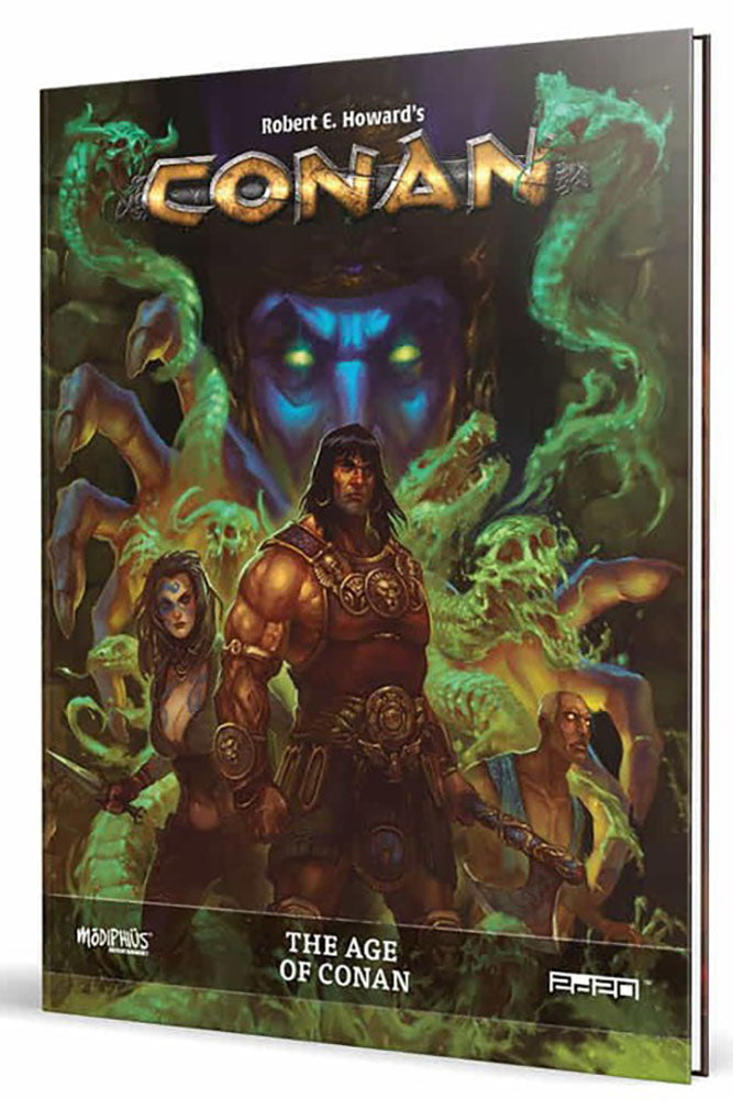 Robert E. Howard's Conan: The Age of Conan RPG book cover, muscular Conan, female warrior, and male companion face a glowing-eyed blue sorcerer and green monstrous tendrils
