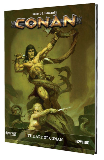 Robert E. Howard's Conan book cover showing muscular Conan fighting a giant snake with a woman