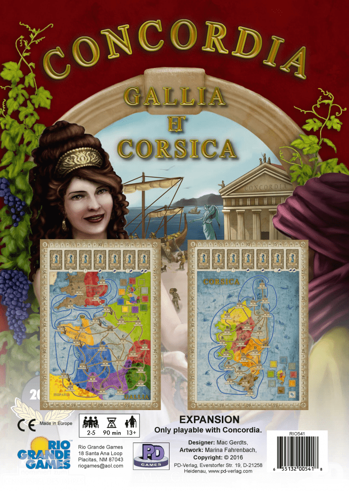 Concordia Gallia et Corsica expansion box depicts a Roman woman, ships, a temple, and two game board maps of Gaul and Corsica