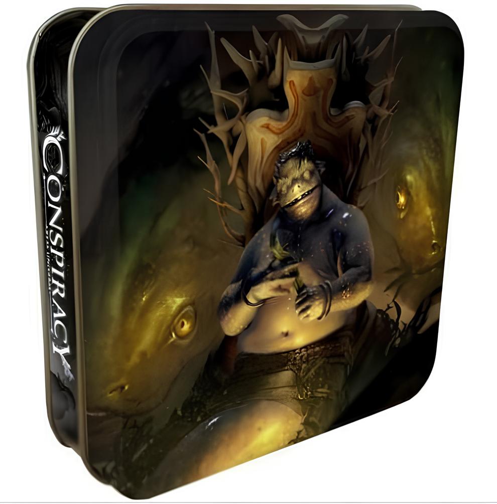 Conspiracy game tin: A smiling, frog-like creature sits on a throne, holding a plant, flanked by glowing fish.