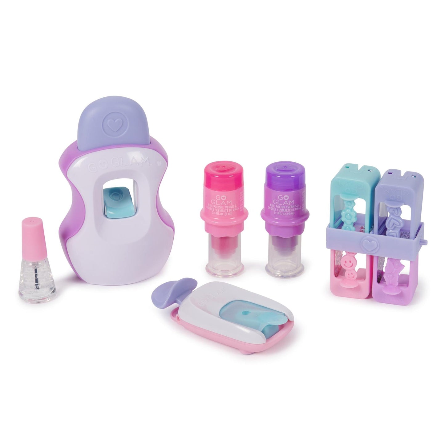 Colorful Go Glam nail stamper kit, includes main device, clear top coat, pink and purple nail polishes, small stamper, and cartridges with flower, heart, smiley, and unicorn patterns