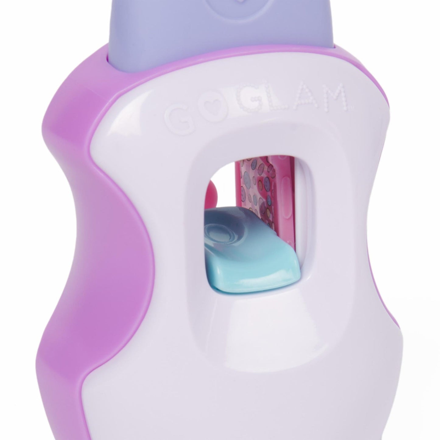 White Go Glam nail art stamper with purple trim, features a light blue lever and a pink, patterned design cartridge visible in the slot