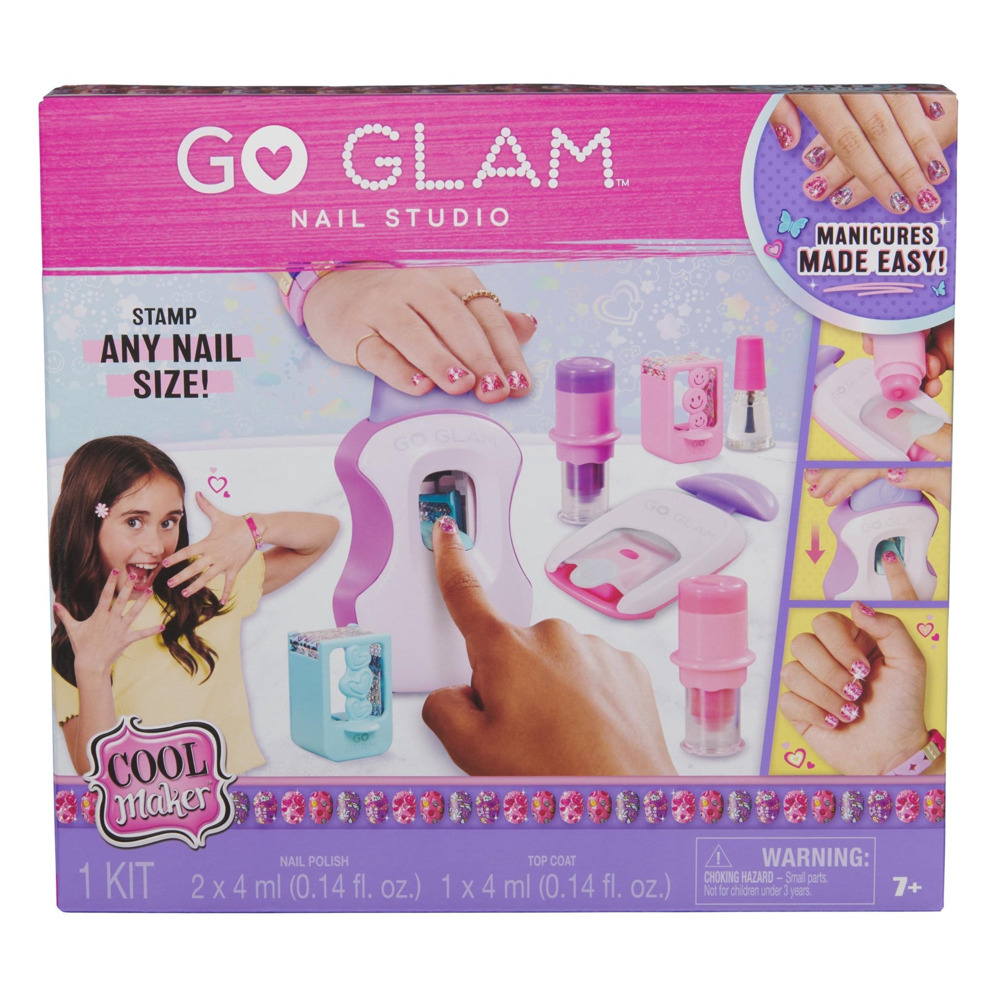 Go Glam Nail Studio nail art kit box featuring a pink stamper machine, polishes, pattern cartridges, and a girl with decorated nails, proclaiming "Manicures Made Easy!"