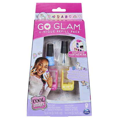 Go Glam U-Nique Refill Pack with blue nail polish, clear top coat, pink/yellow design cartridges, box features smiling girl with blue nails, 'Letters & Icons'
