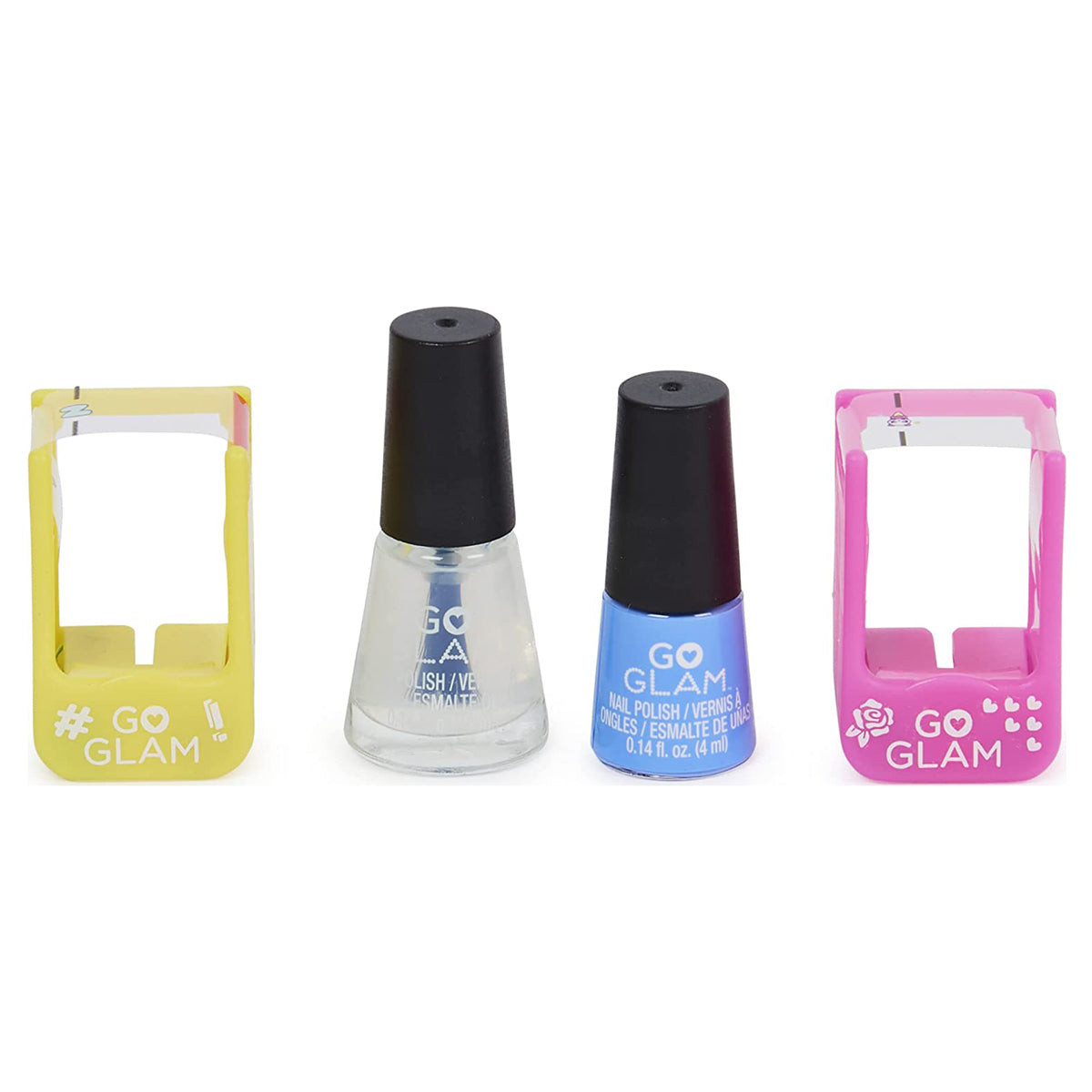 Two Go Glam nail polishes (clear, light blue) and two plastic finger rings (yellow, pink) with Go Glam branding